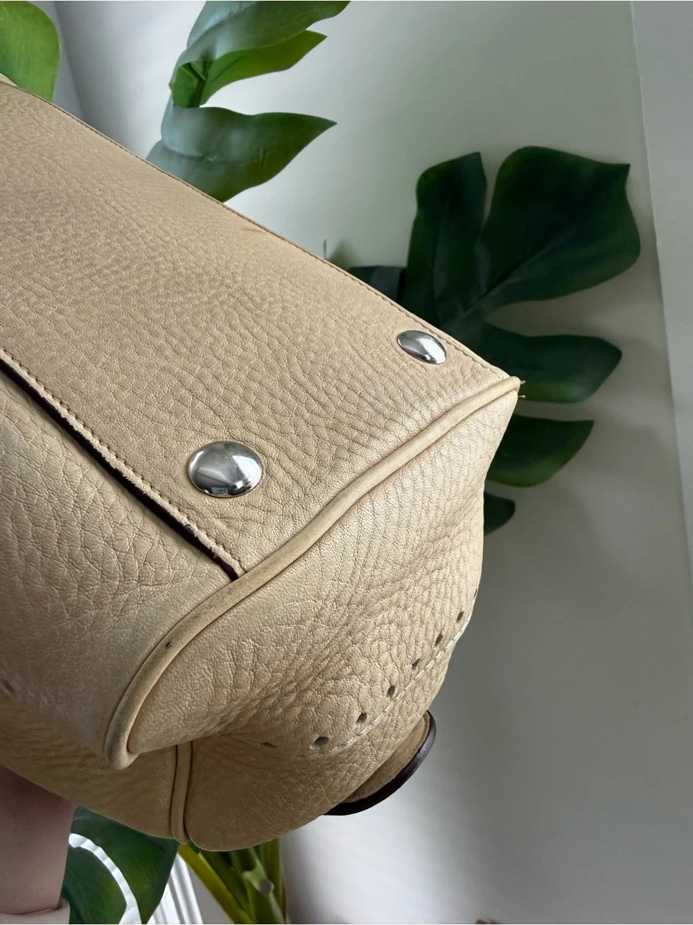 Coach Pebbled Leather Satchel in Beige with Dark Trim